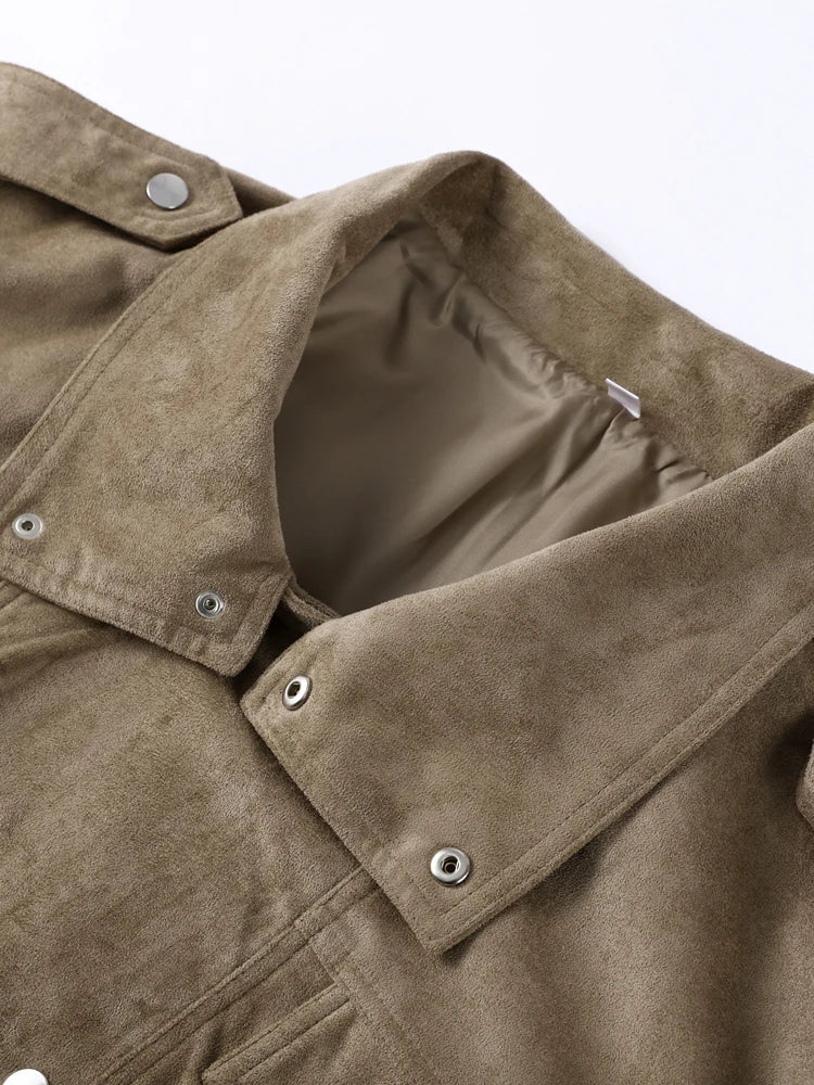 Suede Safari Style Short Bomber Jackets Women Fashion Stand Collar Epaulet Elastic Hem Button Loose Coats Chic Ladies Outerwears