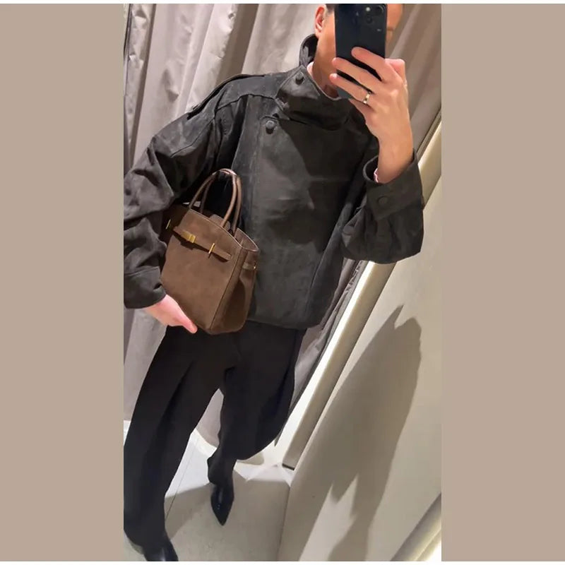 Fashion Dark Grey Suede Bomber Jacket Women Stand Collar Oversize Asymmetric Street Coat 2026 Spring All Match Streetwear New