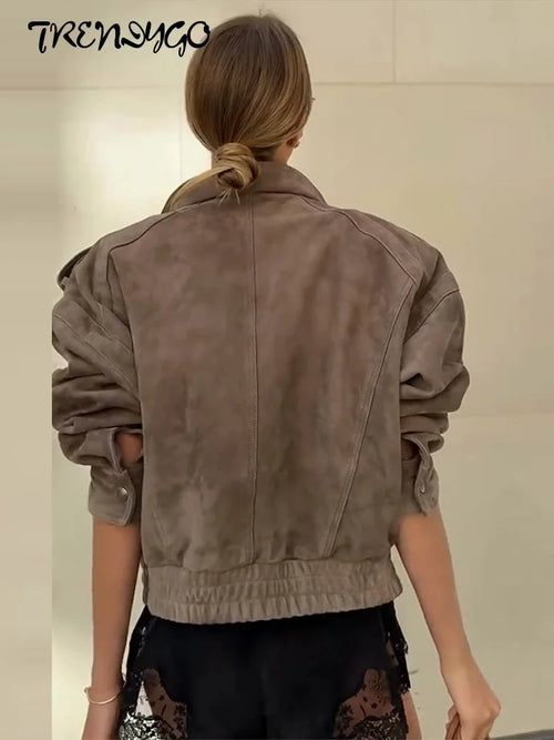 Suede Safari Style Short Bomber Jackets Women Fashion Stand Collar Epaulet Elastic Hem Button Loose Coats Chic Ladies Outerwears