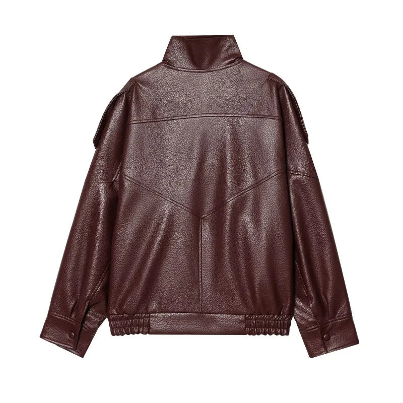 MUJER Black Faux Leather Jackets for Women Outerwears Office Women's Bomber Jacket Snap Button Demi-season Jacket for Women Coat