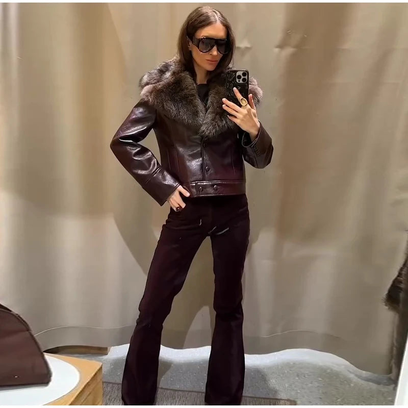 Vintage Plush PU Leather Jacket Women Casual Loose Lapel Single Breasted Jackets Coat Female 2025 Winter Chic Street Outwear