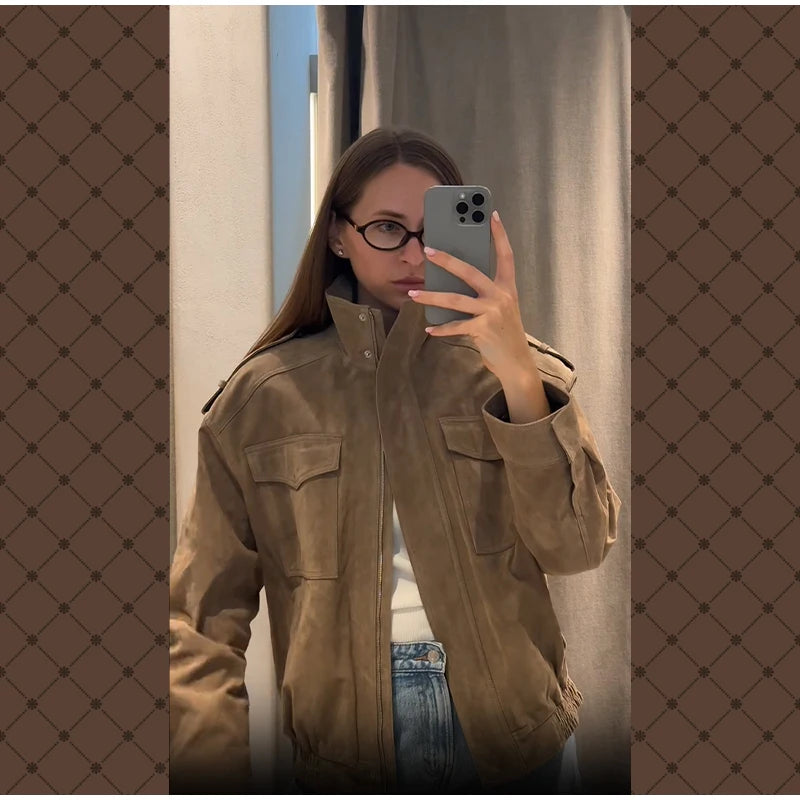 Women Loose Suede Jacket Fashion Long Sleeve Pockets Zipper Oversized Bomber Jacket 2025 Autumn Winter Lady High Street Outwear