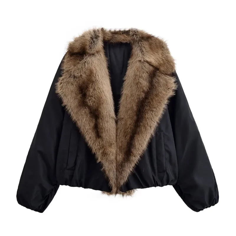 Fashion PU Leather Short Jacket Women Fur Collar Contrast Double-breasted Warm Coat Female 2025 Autumn Winter New Outwears
