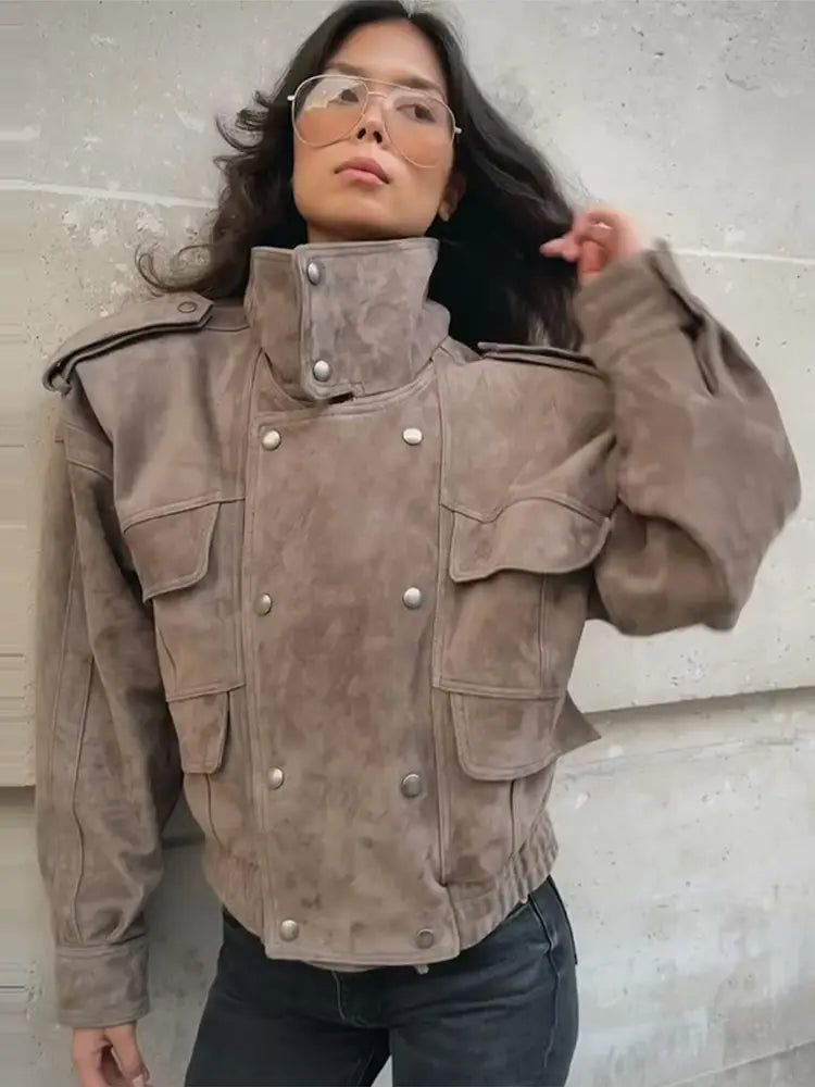 Suede Safari Style Short Bomber Jackets Women Fashion Stand Collar Epaulet Elastic Hem Button Loose Coats Chic Ladies Outerwears
