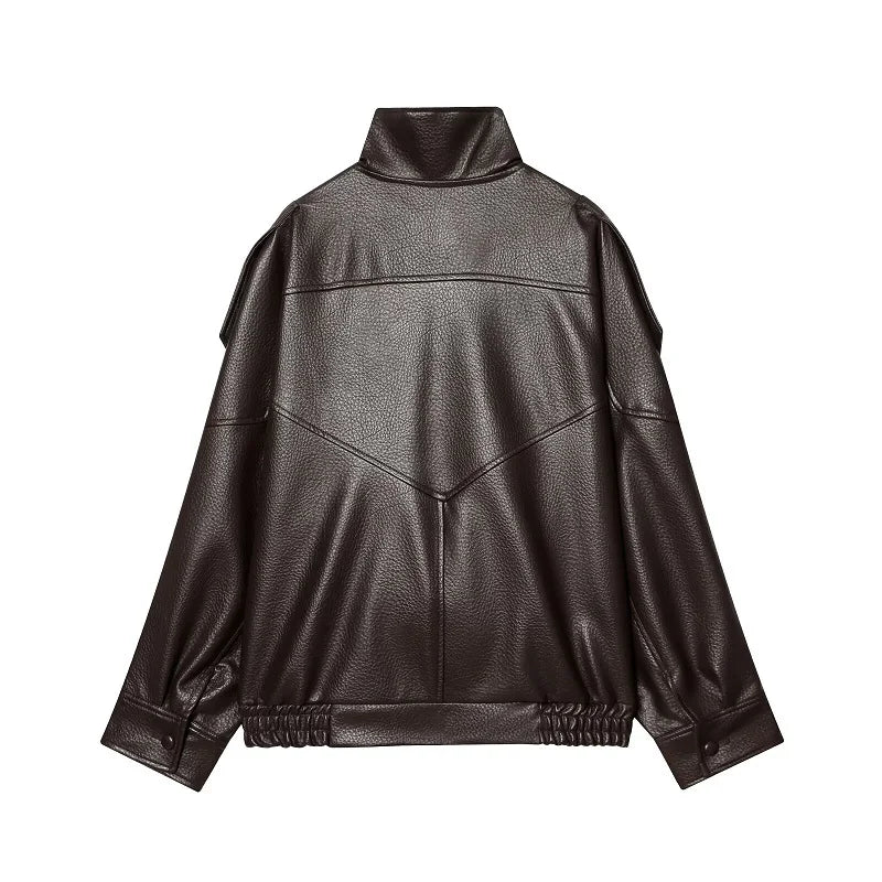 MUJER Black Faux Leather Jackets for Women Outerwears Office Women's Bomber Jacket Snap Button Demi-season Jacket for Women Coat