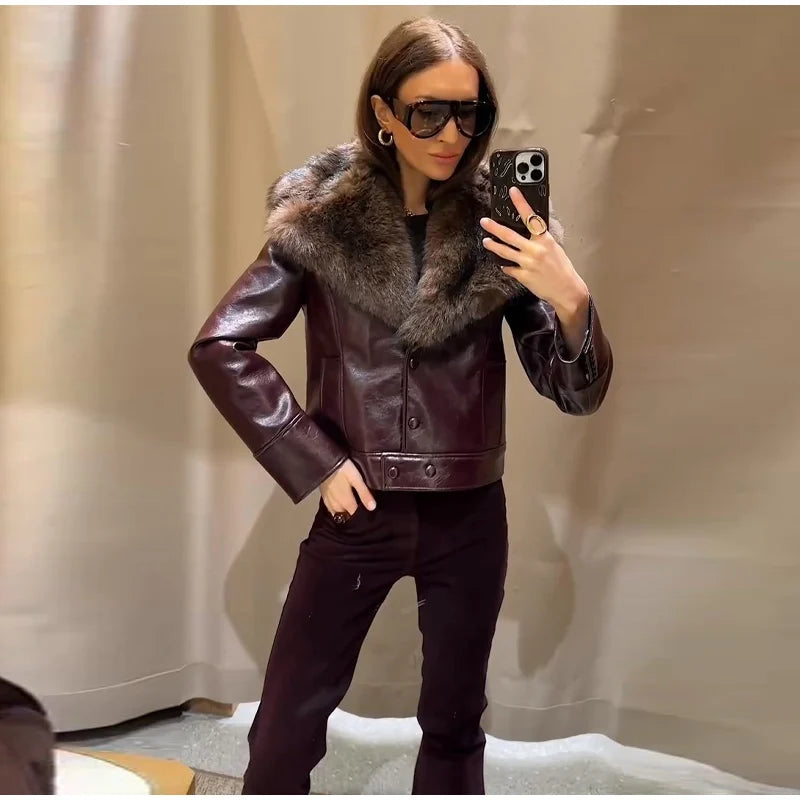 Fashion PU Leather Short Jacket Women Fur Collar Contrast Double-breasted Warm Coat Female 2025 Autumn Winter New Outwears