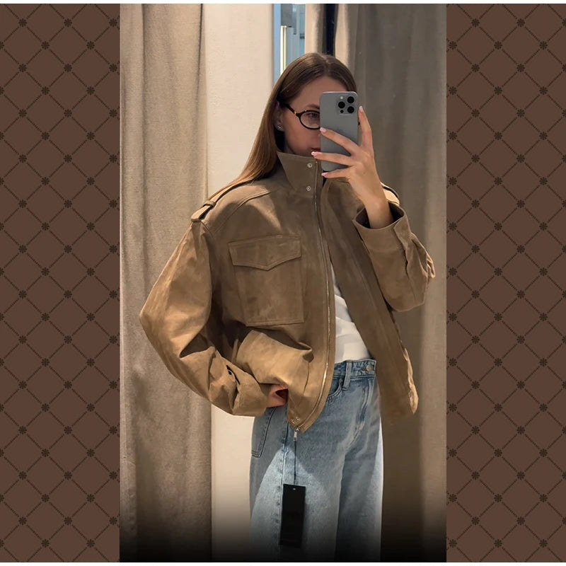 Women Loose Suede Jacket Fashion Long Sleeve Pockets Zipper Oversized Bomber Jacket 2025 Autumn Winter Lady High Street Outwear