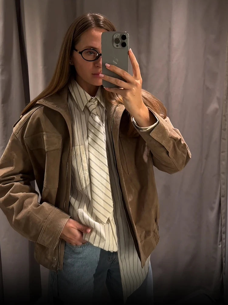 Women Loose Suede Jacket Fashion Long Sleeve Pockets Zipper Oversized Bomber Jacket 2025 Autumn Winter Lady High Street Outwear