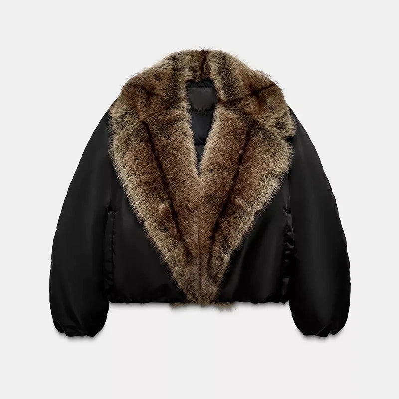 Fashion PU Leather Short Jacket Women Fur Collar Contrast Double-breasted Warm Coat Female 2025 Autumn Winter New Outwears