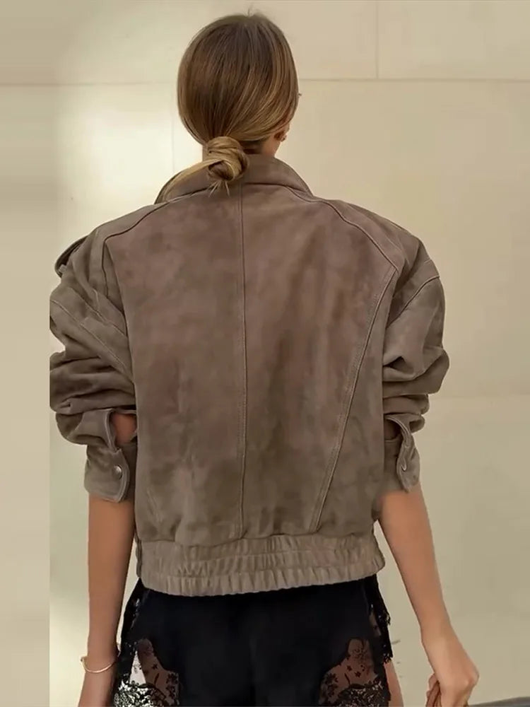 Suede Safari Style Short Bomber Jackets Women Fashion Stand Collar Epaulet Elastic Hem Button Loose Coats Chic Ladies Outerwears