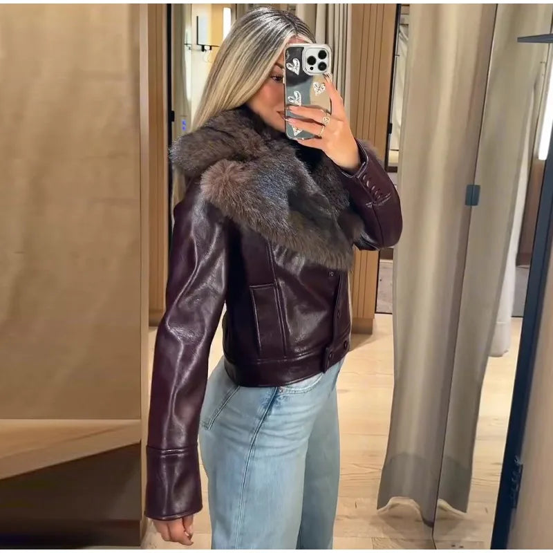 Vintage Plush PU Leather Jacket Women Casual Loose Lapel Single Breasted Jackets Coat Female 2025 Winter Chic Street Outwear