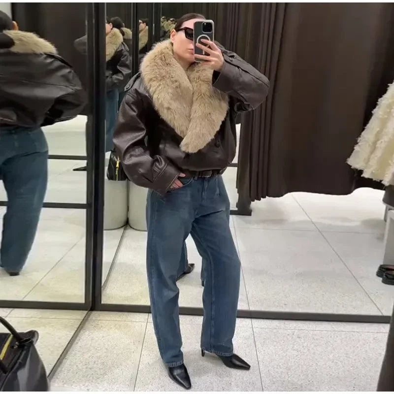 Fashion PU Leather Short Jacket Women Fur Collar Contrast Double-breasted Warm Coat Female 2025 Autumn Winter New Outwears