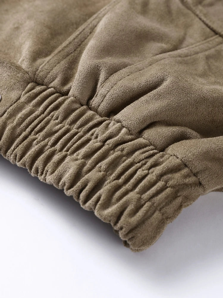 Suede Safari Style Short Bomber Jackets Women Fashion Stand Collar Epaulet Elastic Hem Button Loose Coats Chic Ladies Outerwears