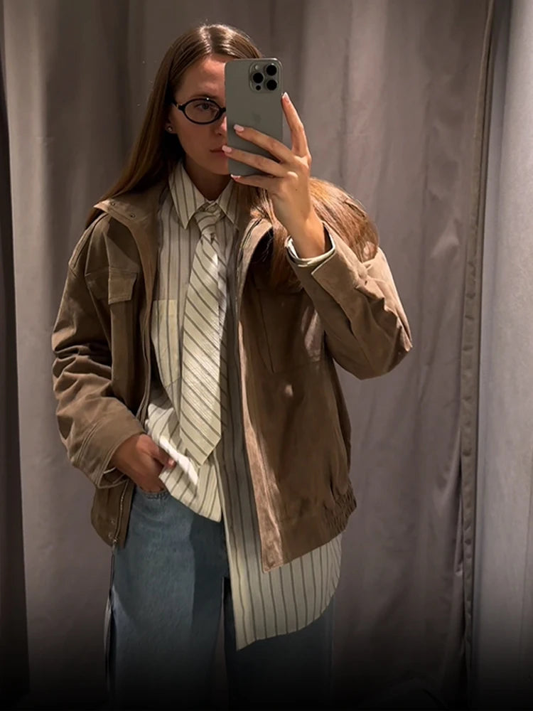 Women Loose Suede Jacket Fashion Long Sleeve Pockets Zipper Oversized Bomber Jacket 2025 Autumn Winter Lady High Street Outwear