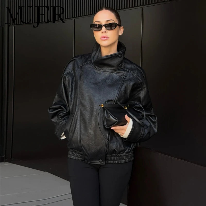 MUJER Black Faux Leather Jackets for Women Outerwears Office Women's Bomber Jacket Snap Button Demi-season Jacket for Women Coat