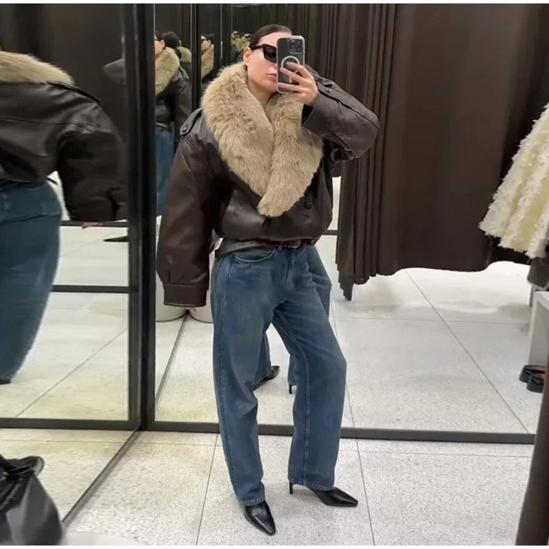 Fashion PU Leather Short Jacket Women Fur Collar Contrast Double-breasted Warm Coat Female 2025 Autumn Winter New Outwears