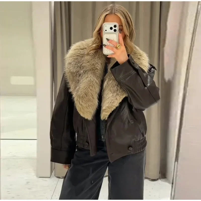 Fashion PU Leather Short Jacket Women Fur Collar Contrast Double-breasted Warm Coat Female 2025 Autumn Winter New Outwears