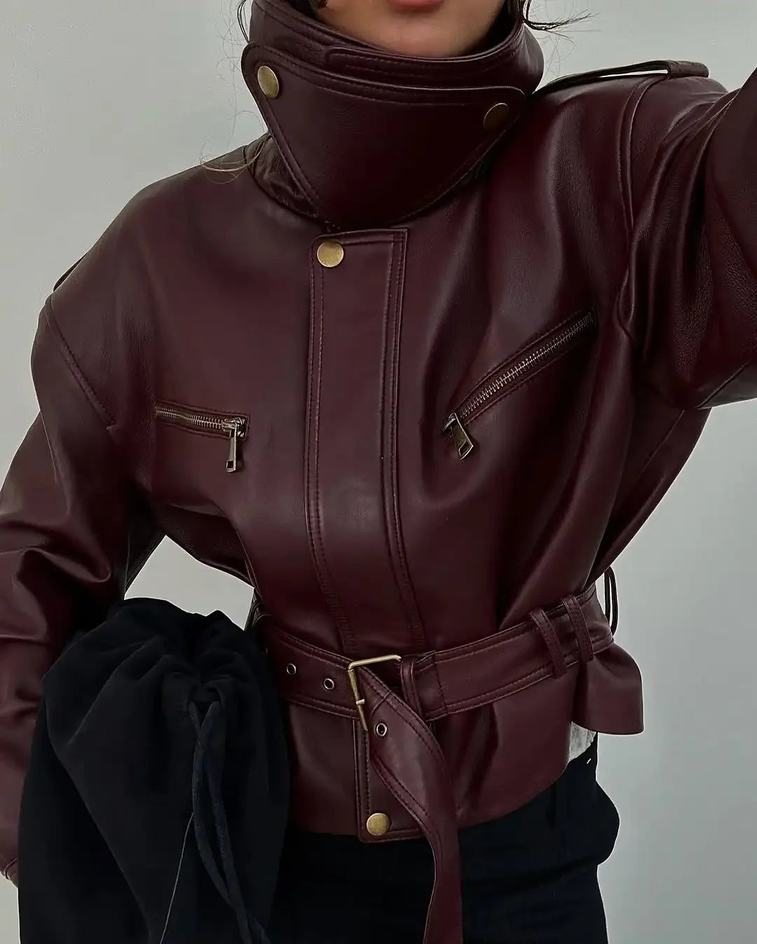 Women Solid Burgundy Waist Cinching Jacket Fashion Lace Up Stand Collar Zipper Bucket Short Jackets 2025 Lady High Street Coat