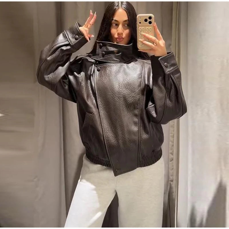 Fashion Dark Grey Suede Bomber Jacket Women Stand Collar Oversize Asymmetric Street Coat 2026 Spring All Match Streetwear New