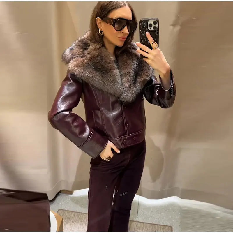 Fashion PU Leather Short Jacket Women Fur Collar Contrast Double-breasted Warm Coat Female 2025 Autumn Winter New Outwears