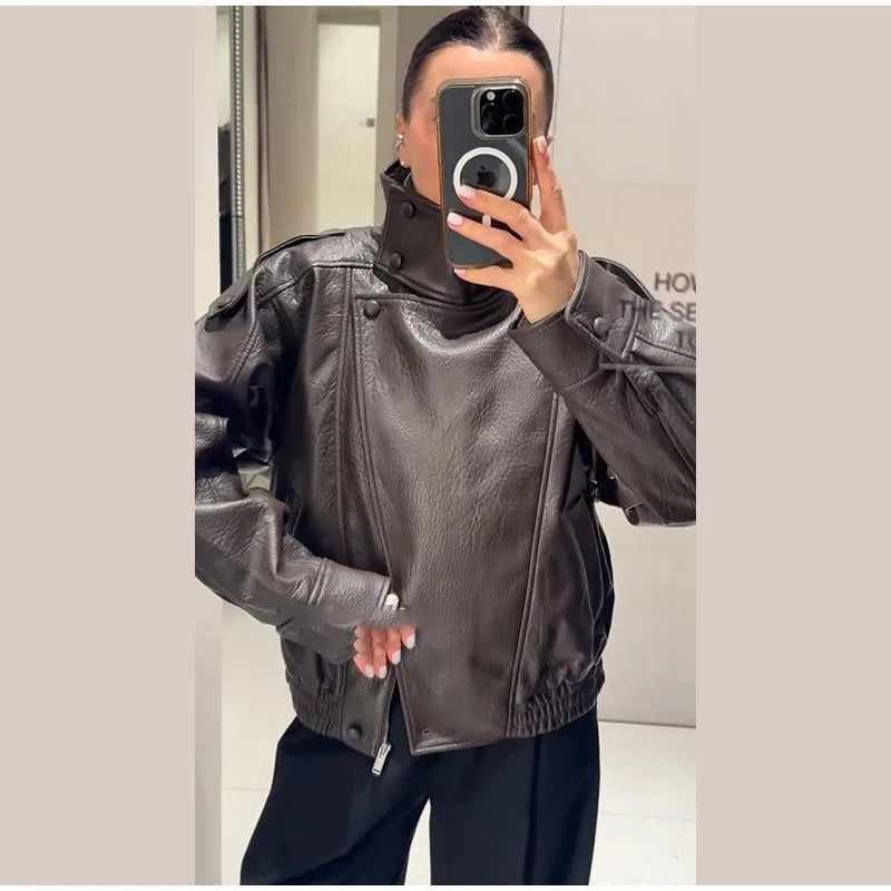 Fashion Dark Grey Suede Bomber Jacket Women Stand Collar Oversize Asymmetric Street Coat 2026 Spring All Match Streetwear New