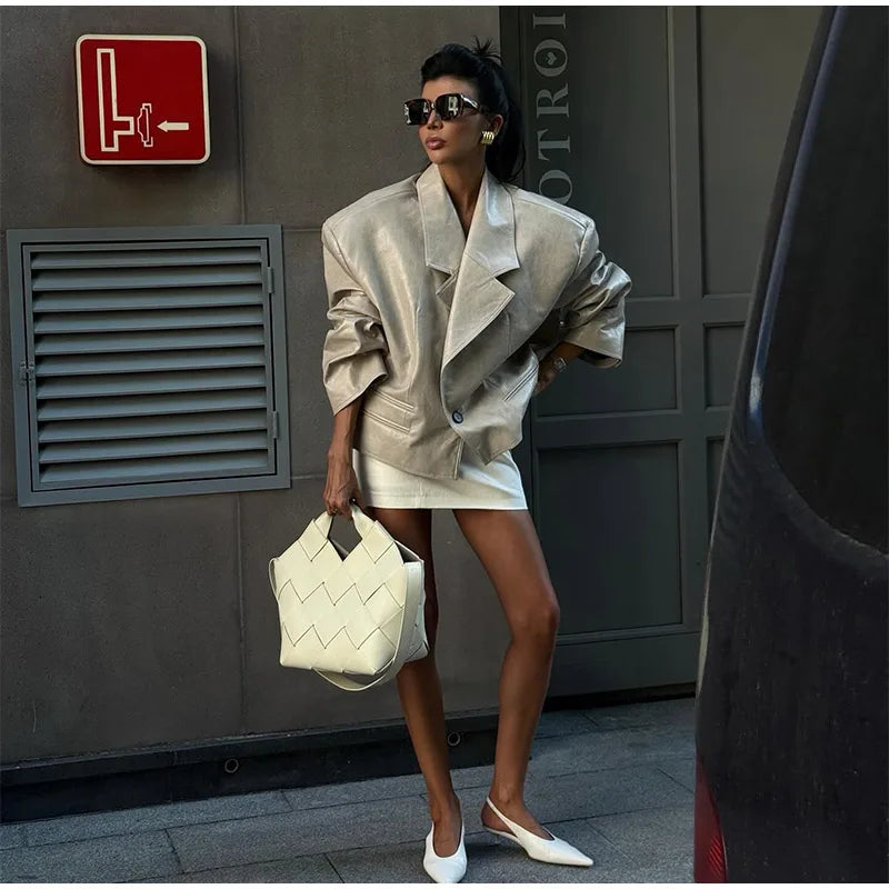 Vintage Plush PU Leather Jacket Women Casual Loose Lapel Single Breasted Jackets Coat Female 2025 Winter Chic Street Outwear