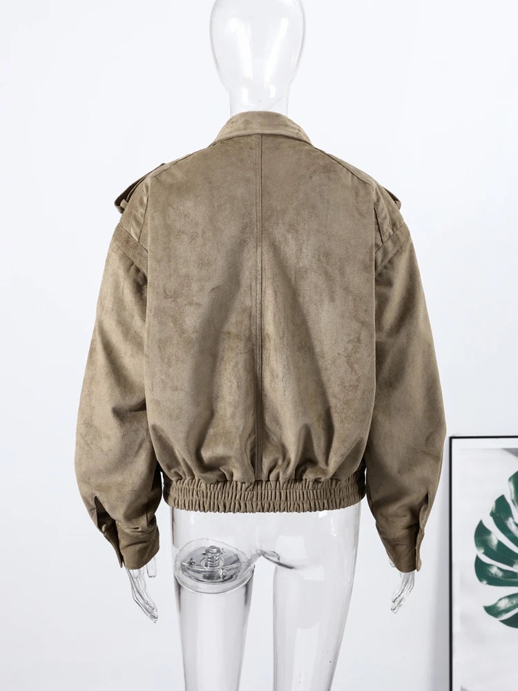 Suede Safari Style Short Bomber Jackets Women Fashion Stand Collar Epaulet Elastic Hem Button Loose Coats Chic Ladies Outerwears