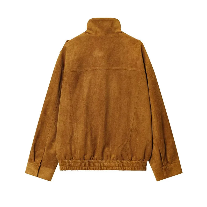 Fashion Dark Grey Suede Bomber Jacket Women Stand Collar Oversize Asymmetric Street Coat 2026 Spring All Match Streetwear New