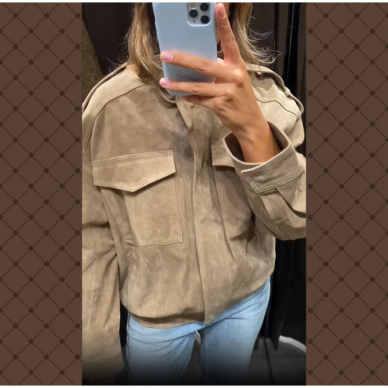 Women Loose Suede Jacket Fashion Long Sleeve Pockets Zipper Oversized Bomber Jacket 2025 Autumn Winter Lady High Street Outwear