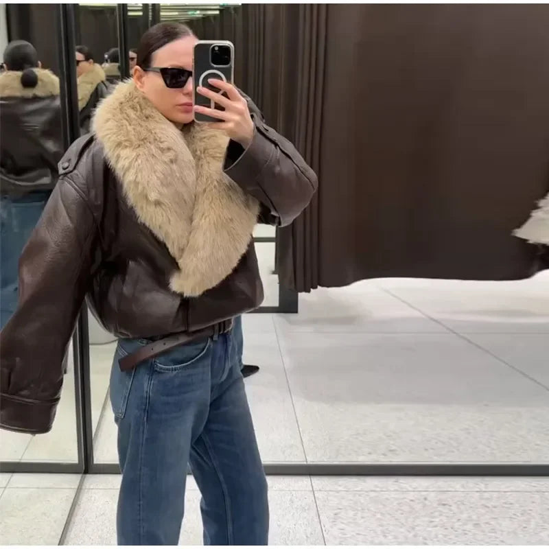 Fashion PU Leather Short Jacket Women Fur Collar Contrast Double-breasted Warm Coat Female 2025 Autumn Winter New Outwears