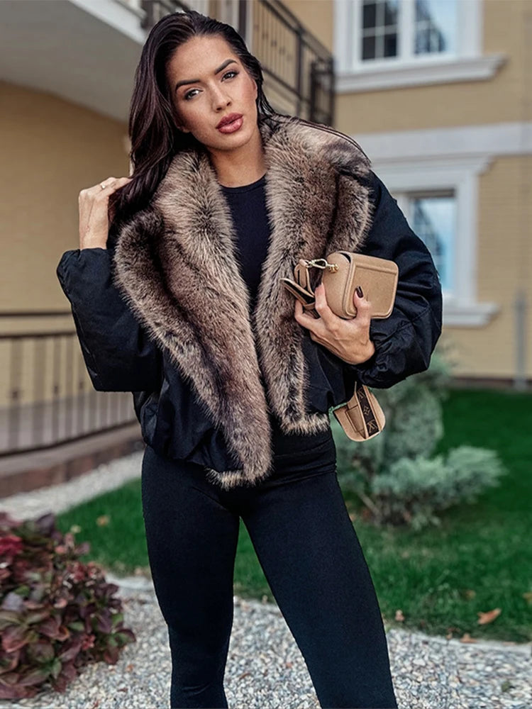 Fashion PU Leather Short Jacket Women Fur Collar Contrast Double-breasted Warm Coat Female 2025 Autumn Winter New Outwears