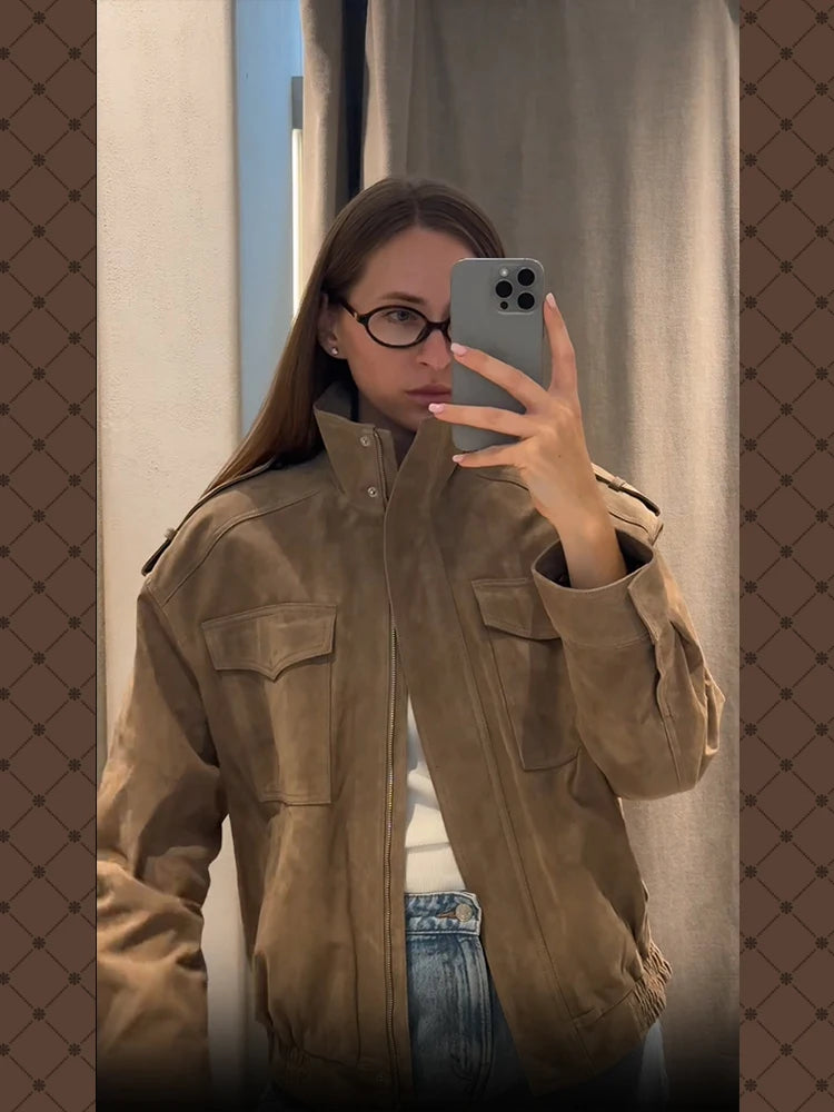 Women Loose Suede Jacket Fashion Long Sleeve Pockets Zipper Oversized Bomber Jacket 2025 Autumn Winter Lady High Street Outwear