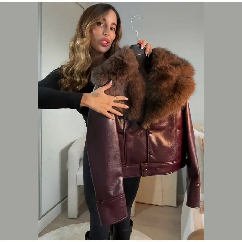 Fashion PU Leather Short Jacket Women Fur Collar Contrast Double-breasted Warm Coat Female 2025 Autumn Winter New Outwears