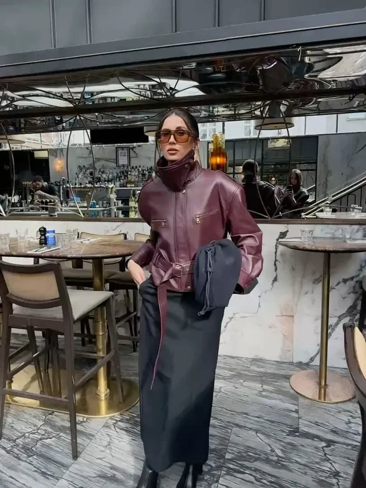 Women Solid Burgundy Waist Cinching Jacket Fashion Lace Up Stand Collar Zipper Bucket Short Jackets 2025 Lady High Street Coat