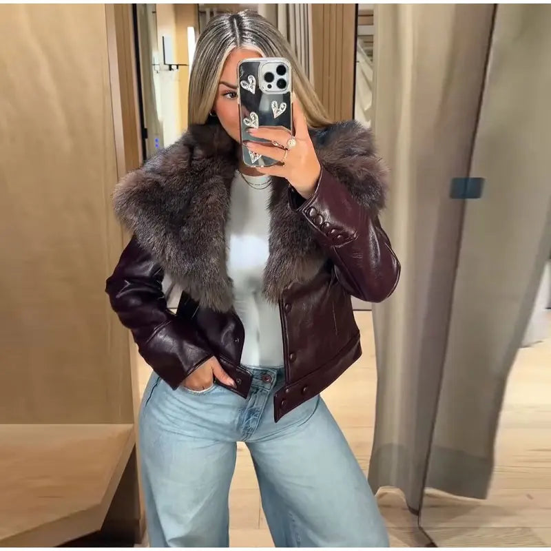 Fashion PU Leather Short Jacket Women Fur Collar Contrast Double-breasted Warm Coat Female 2025 Autumn Winter New Outwears