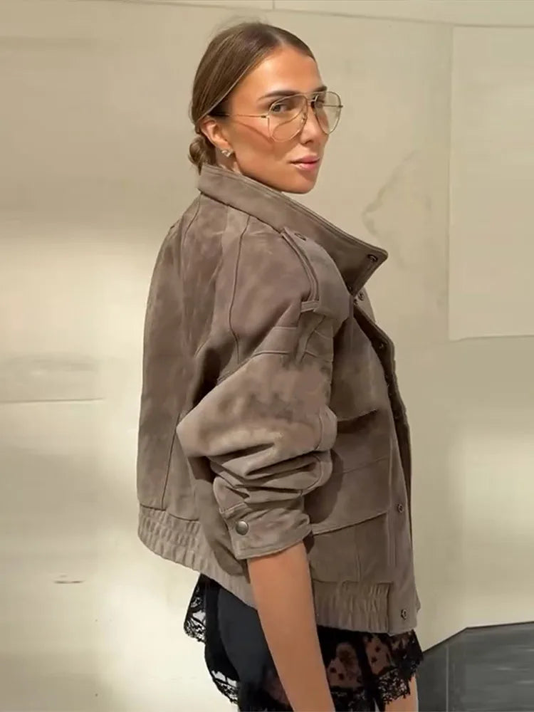 Suede Safari Style Short Bomber Jackets Women Fashion Stand Collar Epaulet Elastic Hem Button Loose Coats Chic Ladies Outerwears