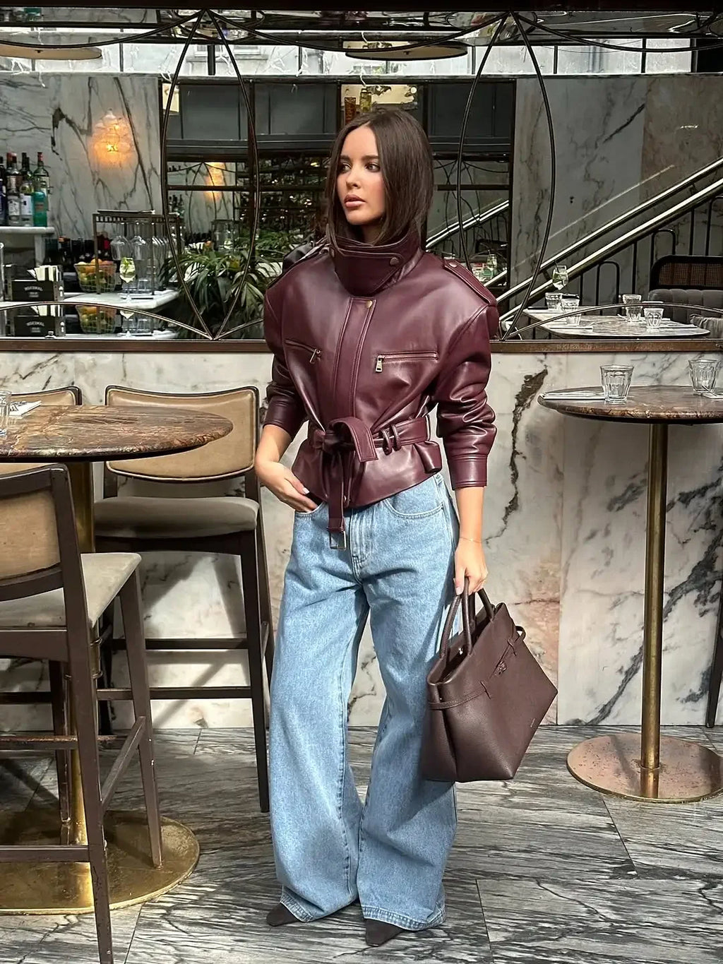 Women Solid Burgundy Waist Cinching Jacket Fashion Lace Up Stand Collar Zipper Bucket Short Jackets 2025 Lady High Street Coat