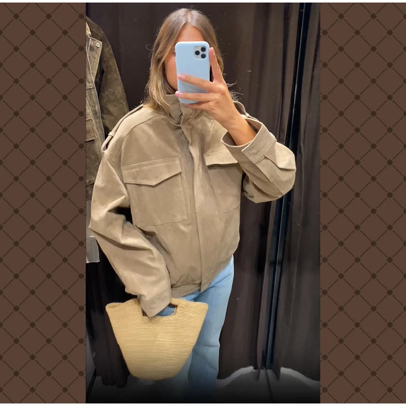 Women Loose Suede Jacket Fashion Long Sleeve Pockets Zipper Oversized Bomber Jacket 2025 Autumn Winter Lady High Street Outwear