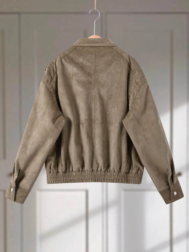 Suede Safari Style Short Bomber Jackets Women Fashion Stand Collar Epaulet Elastic Hem Button Loose Coats Chic Ladies Outerwears