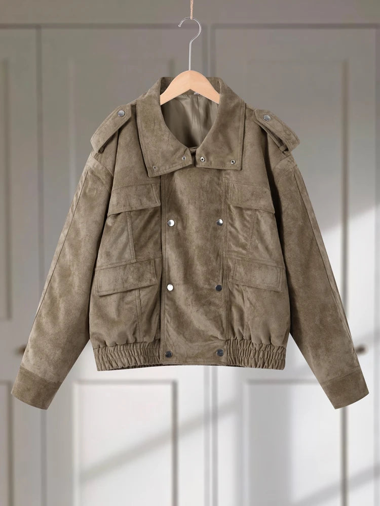 Suede Safari Style Short Bomber Jackets Women Fashion Stand Collar Epaulet Elastic Hem Button Loose Coats Chic Ladies Outerwears
