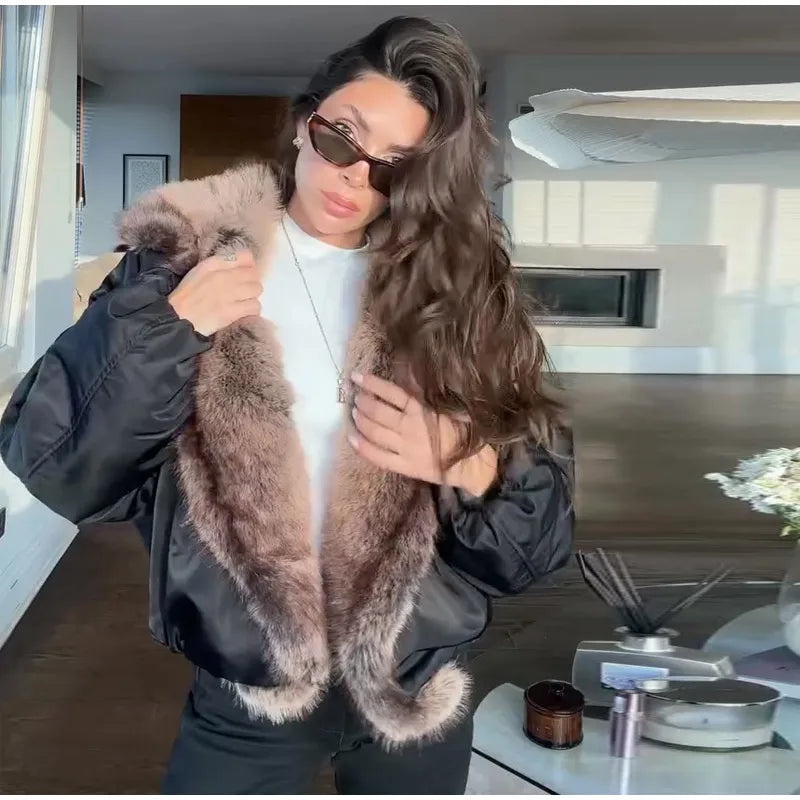 Fashion PU Leather Short Jacket Women Fur Collar Contrast Double-breasted Warm Coat Female 2025 Autumn Winter New Outwears