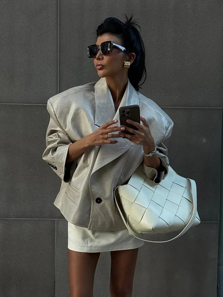 Vintage Plush PU Leather Jacket Women Casual Loose Lapel Single Breasted Jackets Coat Female 2025 Winter Chic Street Outwear