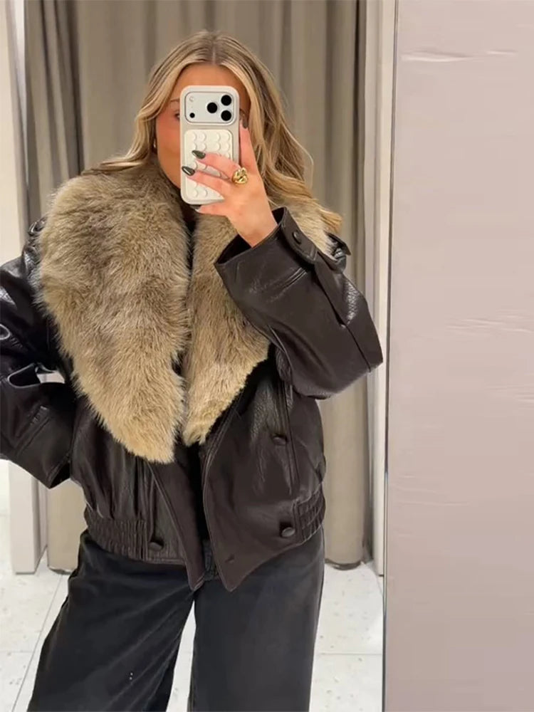 Fashion PU Leather Short Jacket Women Fur Collar Contrast Double-breasted Warm Coat Female 2025 Autumn Winter New Outwears