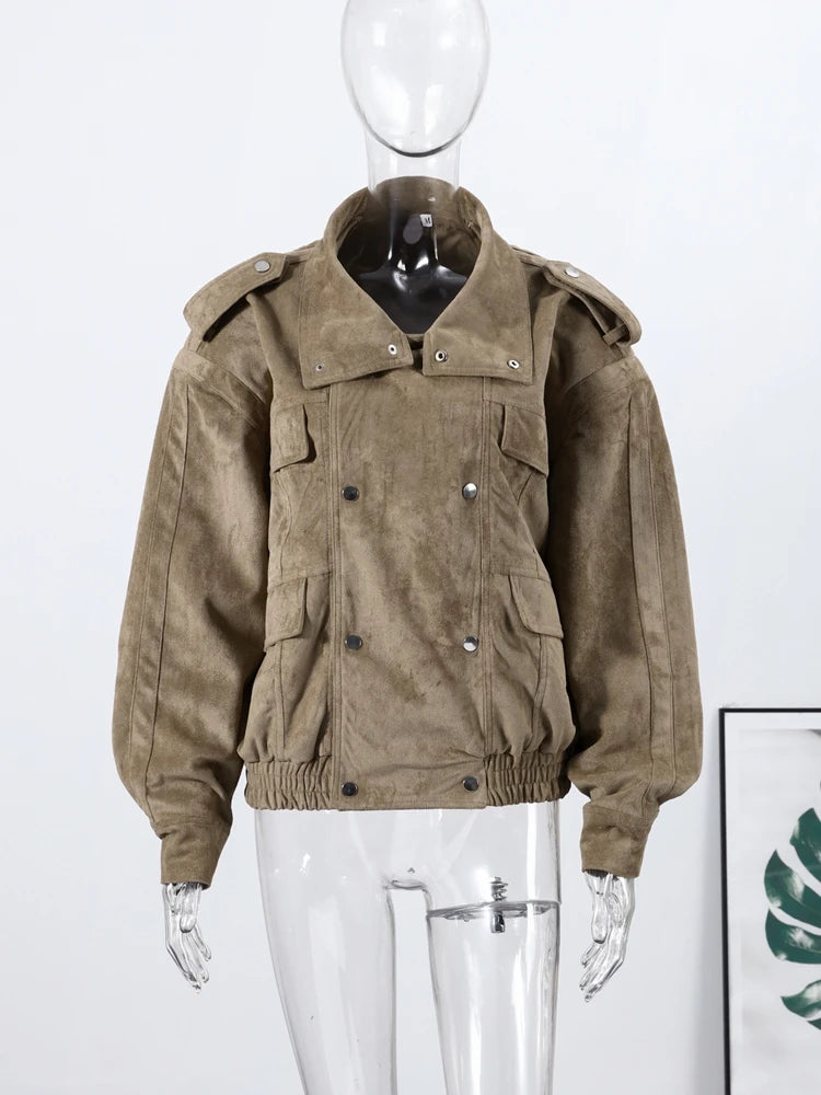 Suede Safari Style Short Bomber Jackets Women Fashion Stand Collar Epaulet Elastic Hem Button Loose Coats Chic Ladies Outerwears