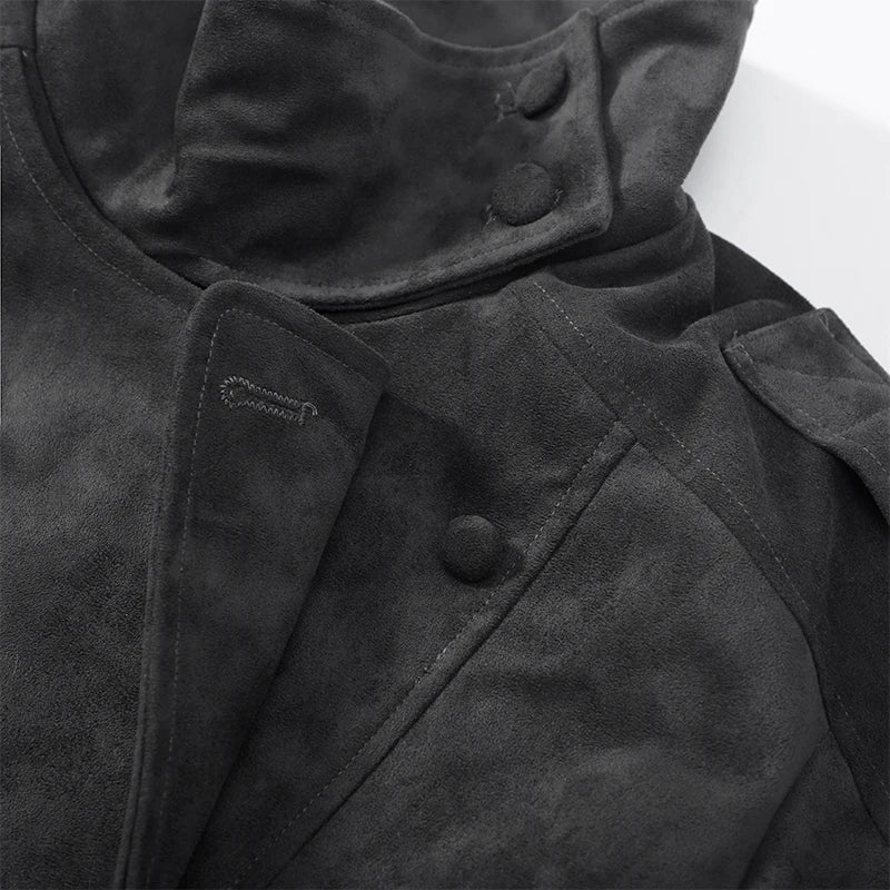 Fashion Dark Grey Suede Bomber Jacket Women Stand Collar Oversize Asymmetric Street Coat 2026 Spring All Match Streetwear New