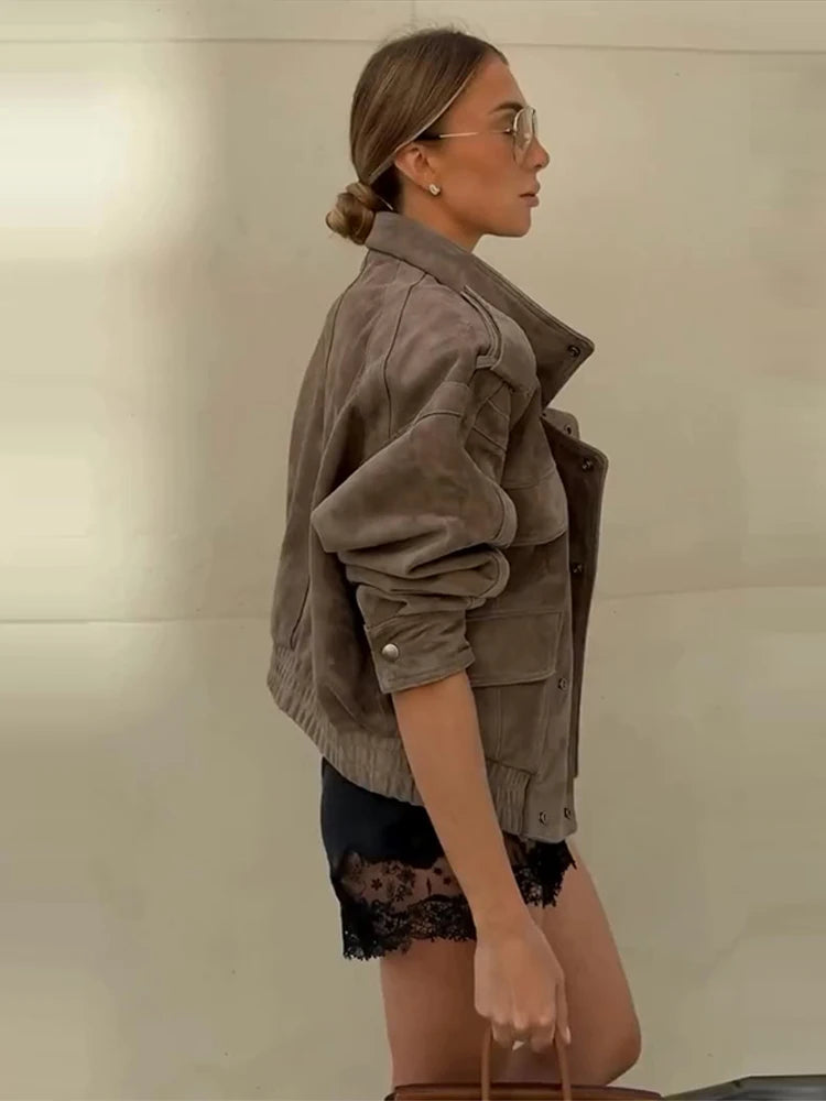 Suede Safari Style Short Bomber Jackets Women Fashion Stand Collar Epaulet Elastic Hem Button Loose Coats Chic Ladies Outerwears