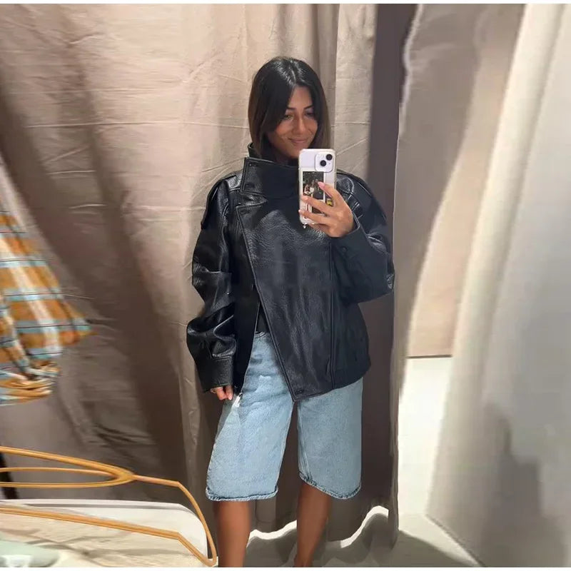 Fashion Dark Grey Suede Bomber Jacket Women Stand Collar Oversize Asymmetric Street Coat 2026 Spring All Match Streetwear New