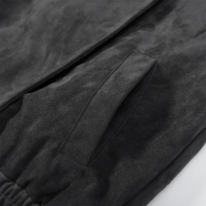 Fashion Dark Grey Suede Bomber Jacket Women Stand Collar Oversize Asymmetric Street Coat 2026 Spring All Match Streetwear New