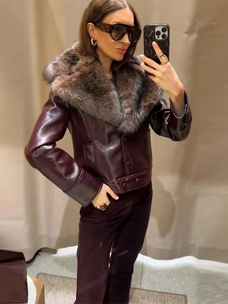 Vintage Plush PU Leather Jacket Women Casual Loose Lapel Single Breasted Jackets Coat Female 2025 Winter Chic Street Outwear