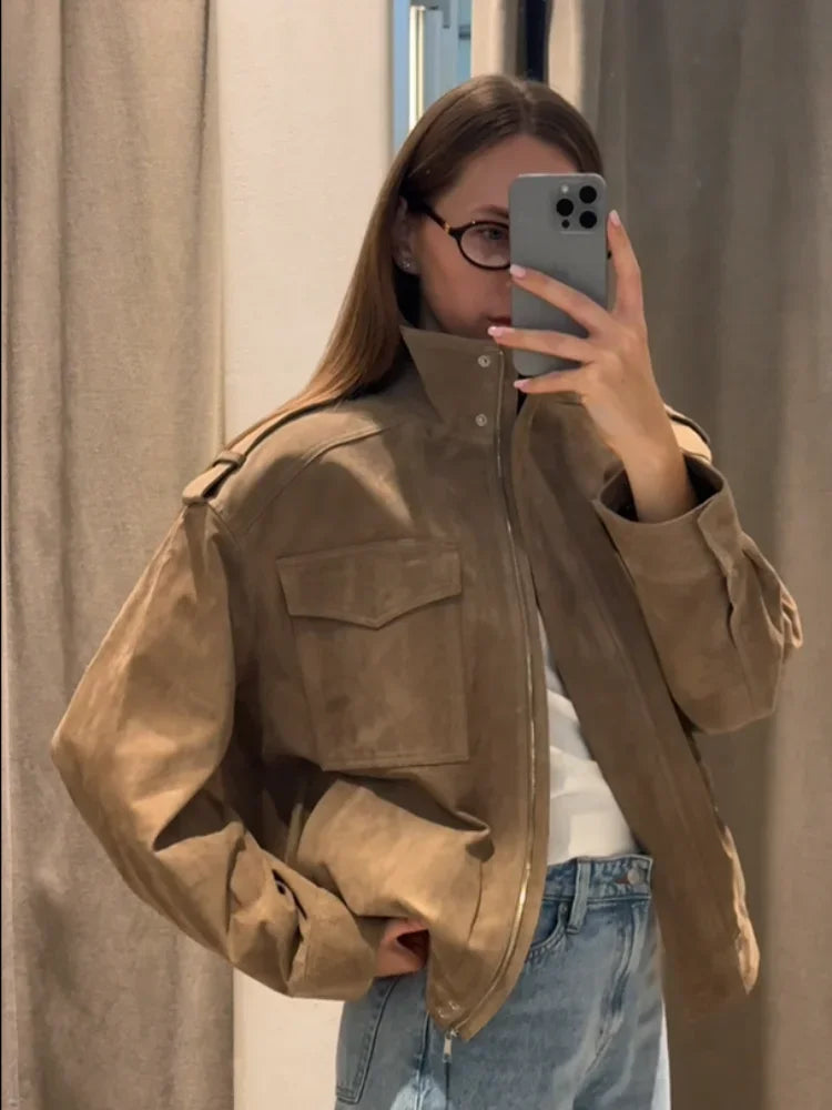 Women Loose Suede Jacket Fashion Long Sleeve Pockets Zipper Oversized Bomber Jacket 2025 Autumn Winter Lady High Street Outwear